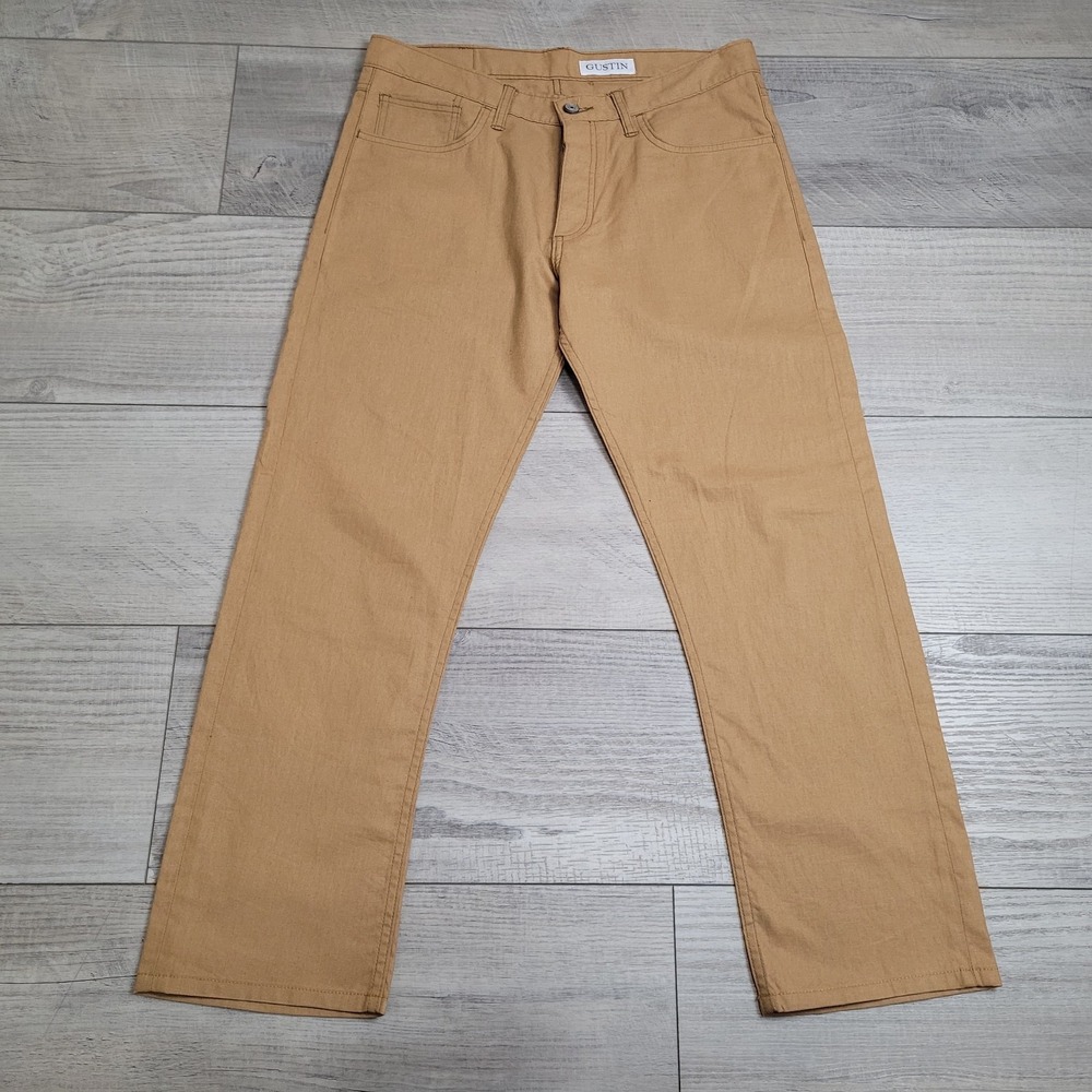 👖Gustin Pants Mens 36x29 Mustard Linen Chino Straight #21‎ Button Fly Made USA - Picture 2 of 15